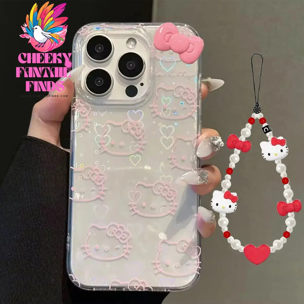 Sanrio Hello Kitty Bow Kawaii Holder Phone Case For iPhone 16 15 14 12 13 11 Pro Max XR XS MAX 7 8 PLUS MINI Y2K Bow Laser Cover Cheeky Fantail Finds