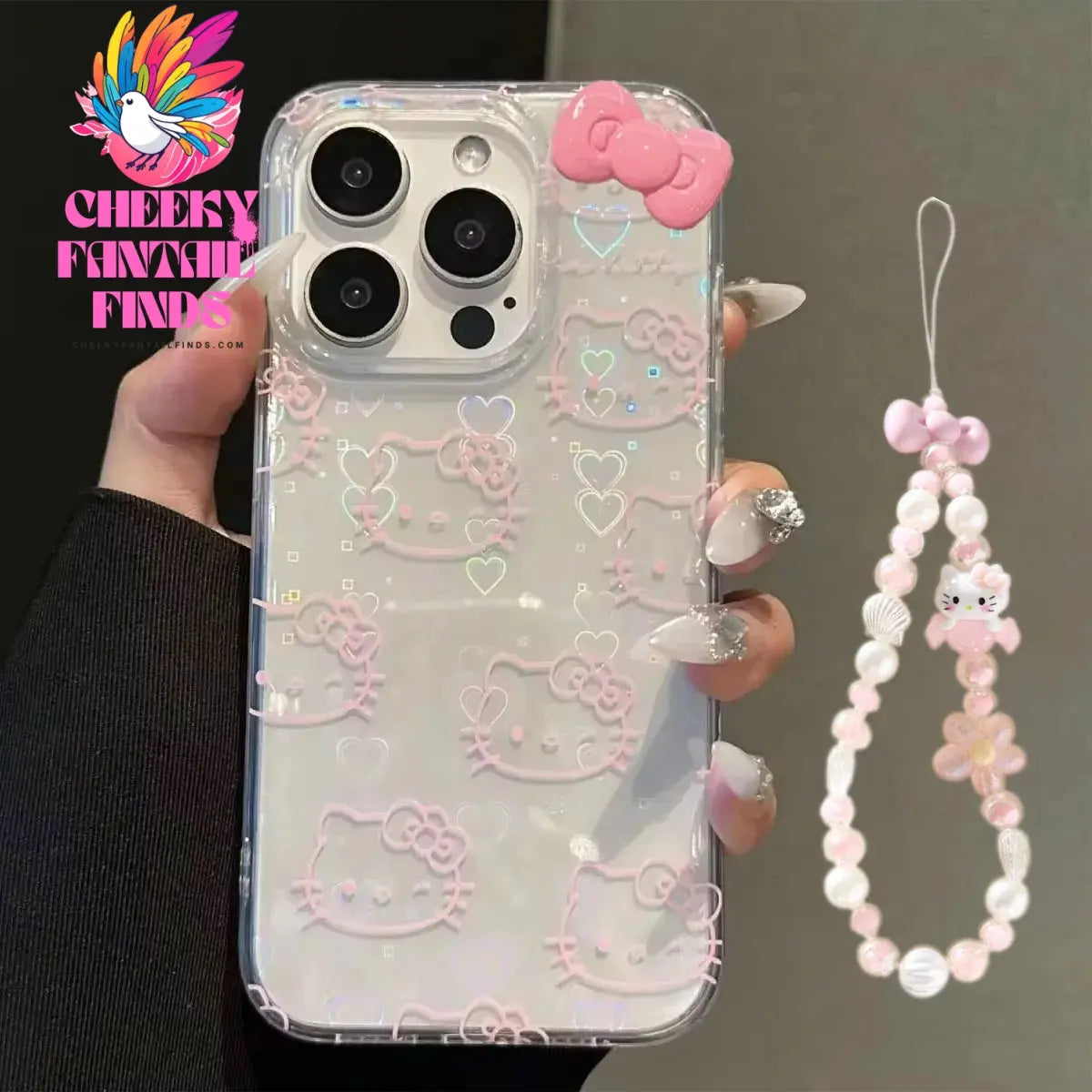 Sanrio Hello Kitty Bow Kawaii Holder Phone Case For iPhone 16 15 14 12 13 11 Pro Max XR XS MAX 7 8 PLUS MINI Y2K Bow Laser Cover Cheeky Fantail Finds