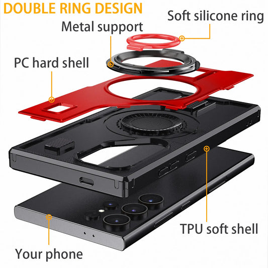 For Samsung Galaxy S22 Ultra 5G Phone Case Hybrid Shockproof Double Ring Kickstand Rugged Hybrid Slim Hard Phone Cover Red