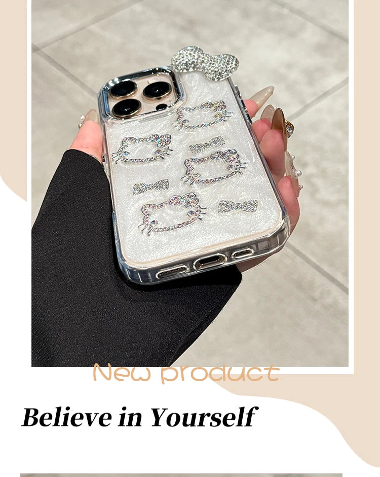 Sanrio Hello Kitty Anime Diamond Three-dimensional Phone Case for IPhone 11 12 13 14 15 Pro Max Plus 16Pro Shockproof Cover Gift