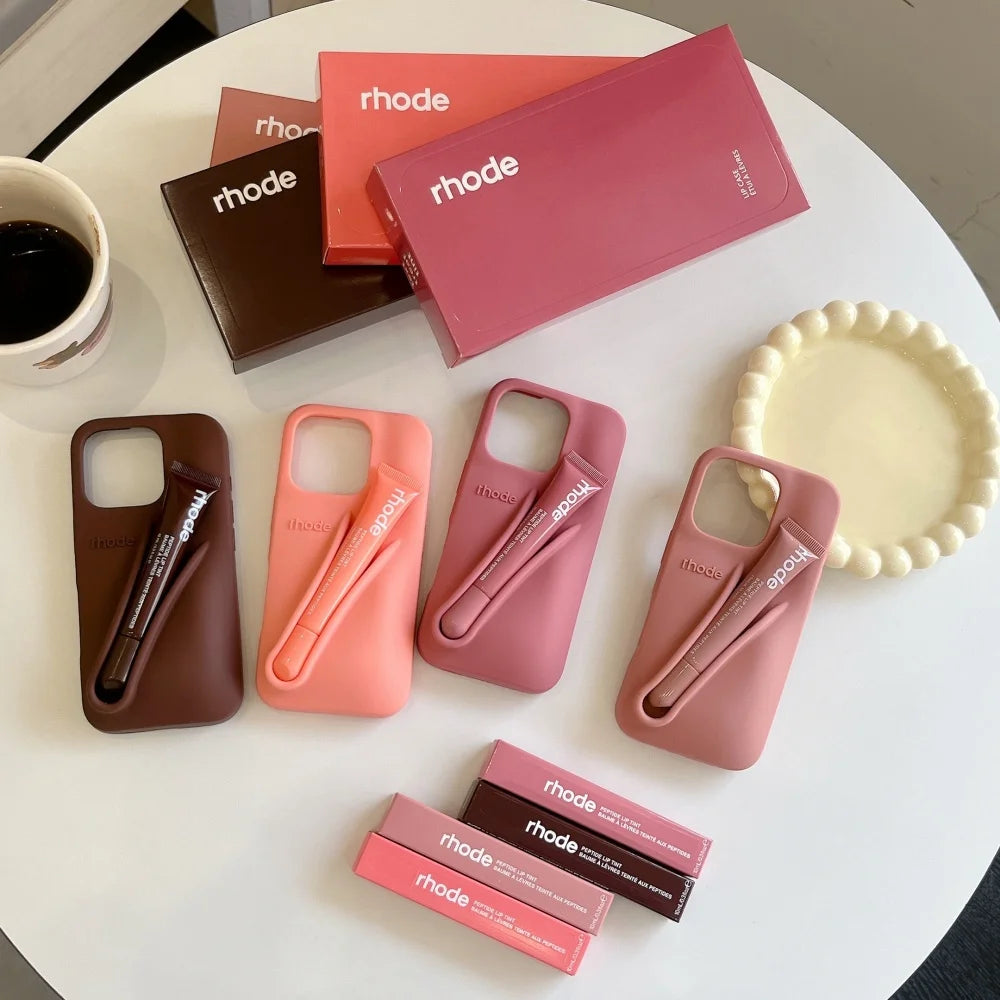 Rhode With Lip Gloss Phone Case for iPhone 16 15 14 13 12 11 Pro Max Plus Lipstick Silicone DIY Toast Espresso Ribbon Box Cover