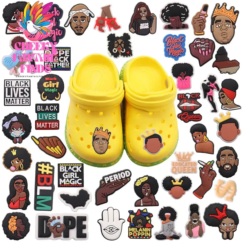 Single Sale 1pcs PVC Shoe Charms Black Girl Magic BLM Queen Hand Melanin Poppin Buckle Clog Decorations for Bands Xmas Gifts Cheeky Fantail Finds