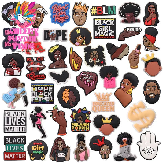 Single Sale 1pcs PVC Shoe Charms Black Girl Magic BLM Queen Hand Melanin Poppin Buckle Clog Decorations for Bands Xmas Gifts Cheeky Fantail Finds
