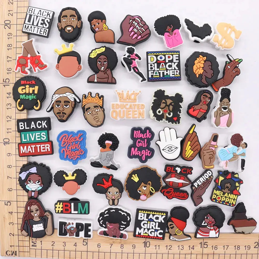 Single Sale 1pcs PVC Shoe Charms Black Girl Magic BLM Queen Hand Melanin Poppin Buckle Clog Decorations for Bands Xmas Gifts Cheeky Fantail Finds
