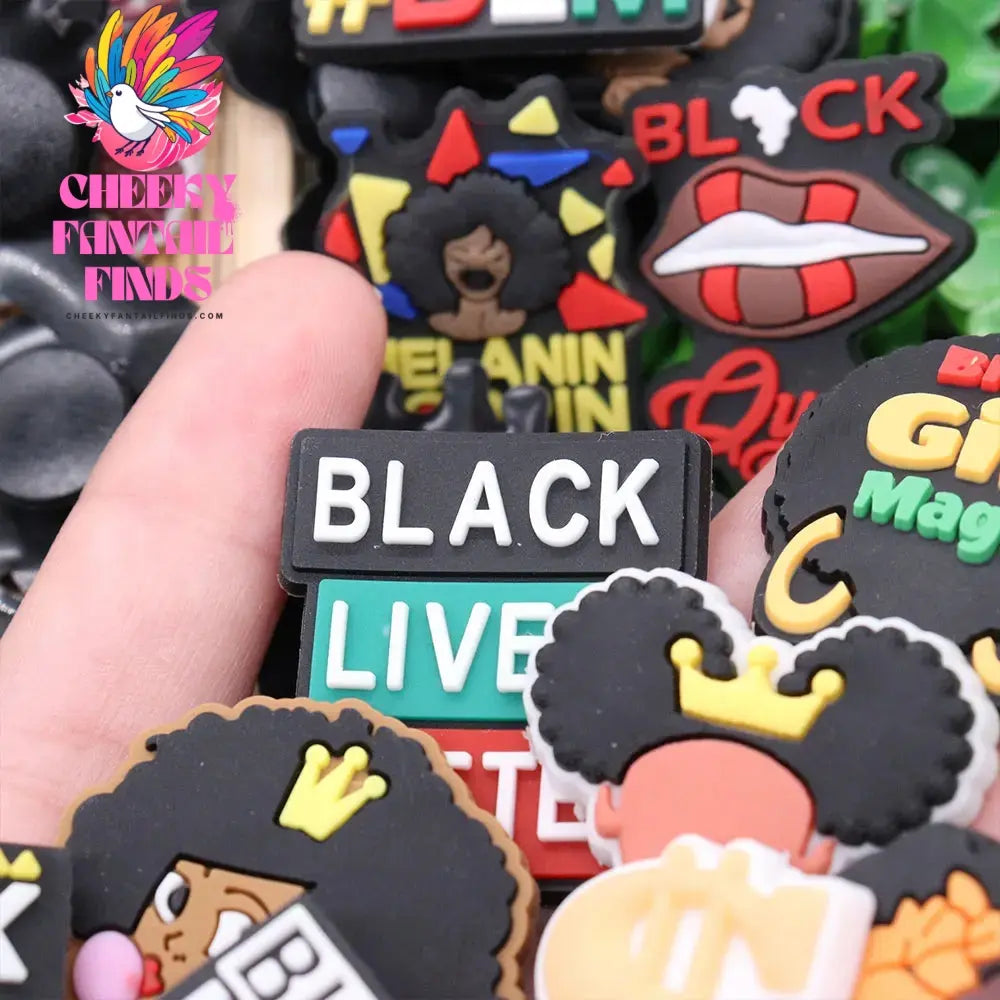 Single Sale 1pcs PVC Shoe Charms Black Girl Magic BLM Queen Hand Melanin Poppin Buckle Clog Decorations for Bands Xmas Gifts Cheeky Fantail Finds