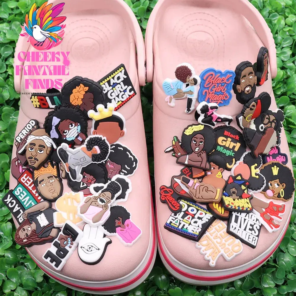 Single Sale 1pcs PVC Shoe Charms Black Girl Magic BLM Queen Hand Melanin Poppin Buckle Clog Decorations for Bands Xmas Gifts Cheeky Fantail Finds