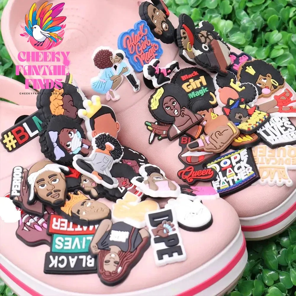 Single Sale 1pcs PVC Shoe Charms Black Girl Magic BLM Queen Hand Melanin Poppin Buckle Clog Decorations for Bands Xmas Gifts Cheeky Fantail Finds