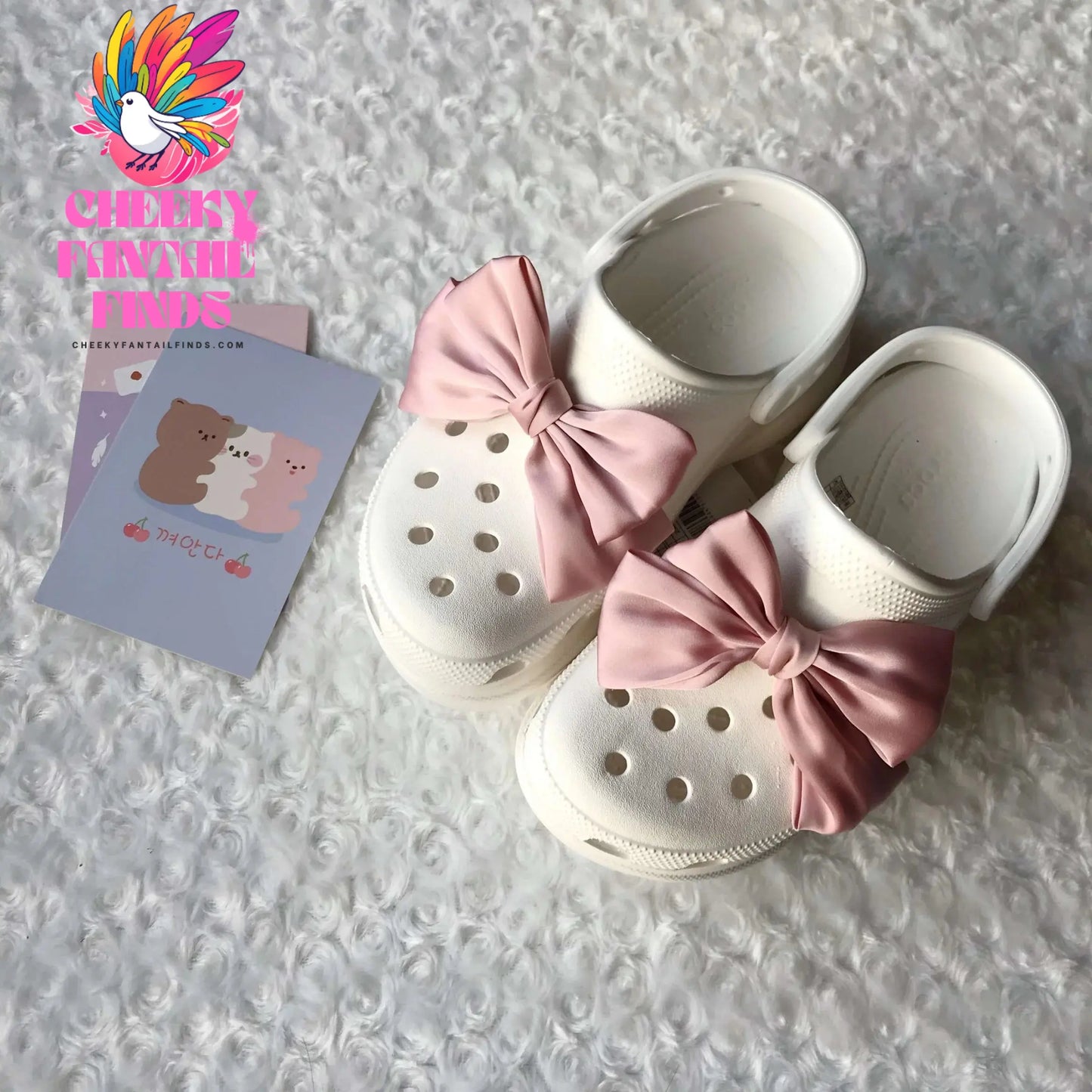 Single Sale White Pink Bowknot Shoe Decoration Charms Accessorie Satin Ribbon DIY Canvas Sneakers Shoe Buckle Wholesale Cheeky Fantail Finds