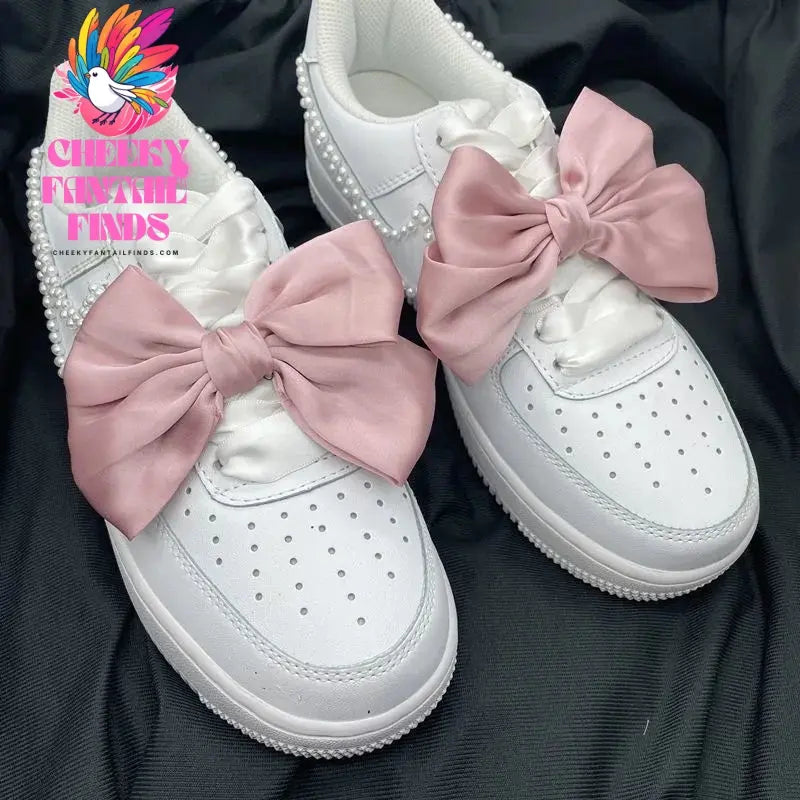 Single Sale White Pink Bowknot Shoe Decoration Charms Accessorie Satin Ribbon DIY Canvas Sneakers Shoe Buckle Wholesale Cheeky Fantail Finds