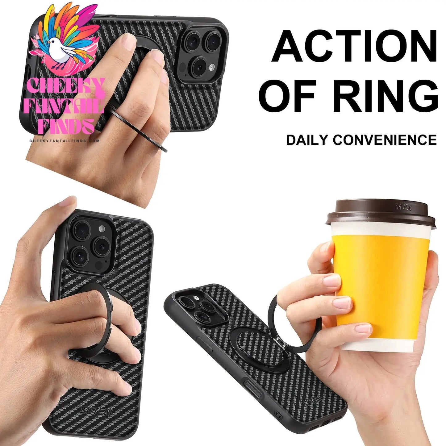Suteni Wireless Charging Mobile Phone Case 360° Rotating Stand PU Leather Ring Buckle For iPhone 16 Pro Max 15 Plus 14 13 12 Cheeky Fantail Finds