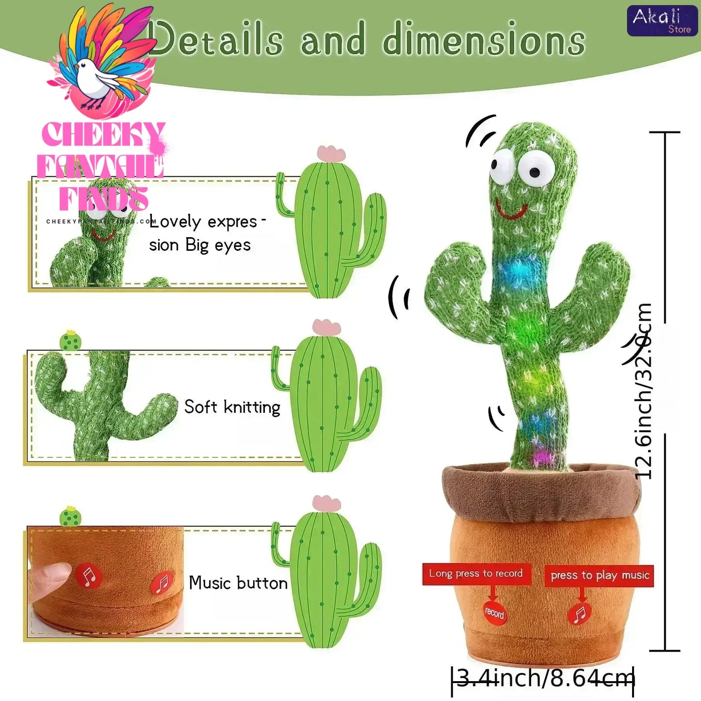 Talking Cactus Toy with LED 120 English Songs Singing Musical Toys Repeat What You Say Suitable for Babies and Toddlers Cheeky Fantail Finds