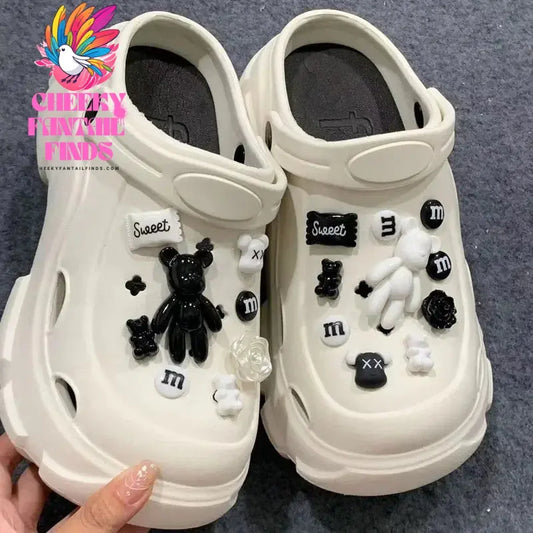 Whole Set Hot DIY Hole Shoes Charms for black and white bears Handmade Charms Designer Quality Garden Shoe Decoration Girl Gift Cheeky Fantail Finds