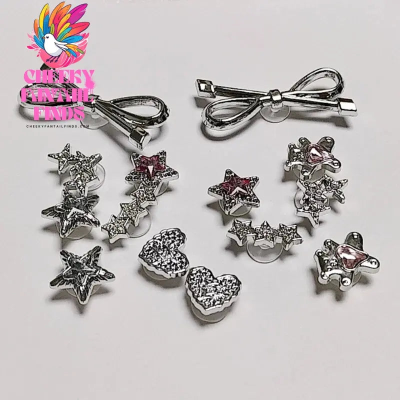 Whole Set Hot Sale DIY Hole Shoes Charms Silver bow five star Accessories Designer Quality Garden Shoe Decoration Girl Gift Cheeky Fantail Finds