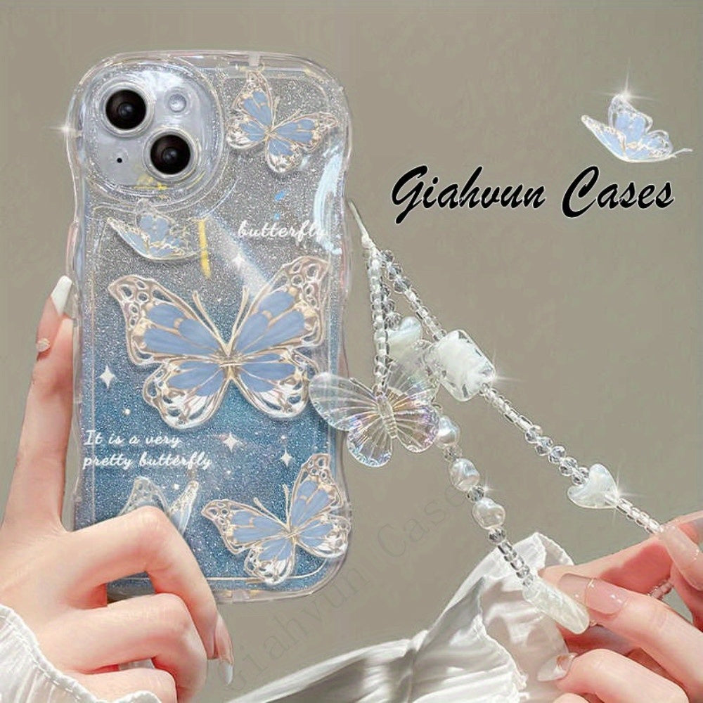 Laser Butterfly Artificial Pearl Crystal Anti-lost Bracelet Super Flash Dream Butterfly Phone Case For iPhone 14 13 12 11 Pro MAX Plus + Mini X/XS XR XSMax 7/8 7Plus/8Plus