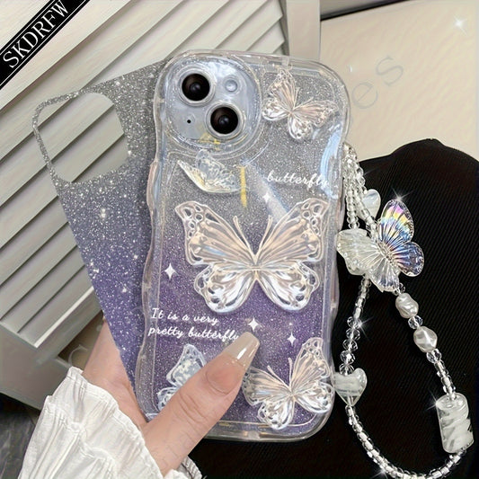 Laser Butterfly Artificial Pearl Crystal Anti-lost Bracelet Super Flash Dream Butterfly Phone Case For iPhone 14 13 12 11 Pro MAX Plus + Mini X/XS XR XSMax 7/8 7Plus/8Plus