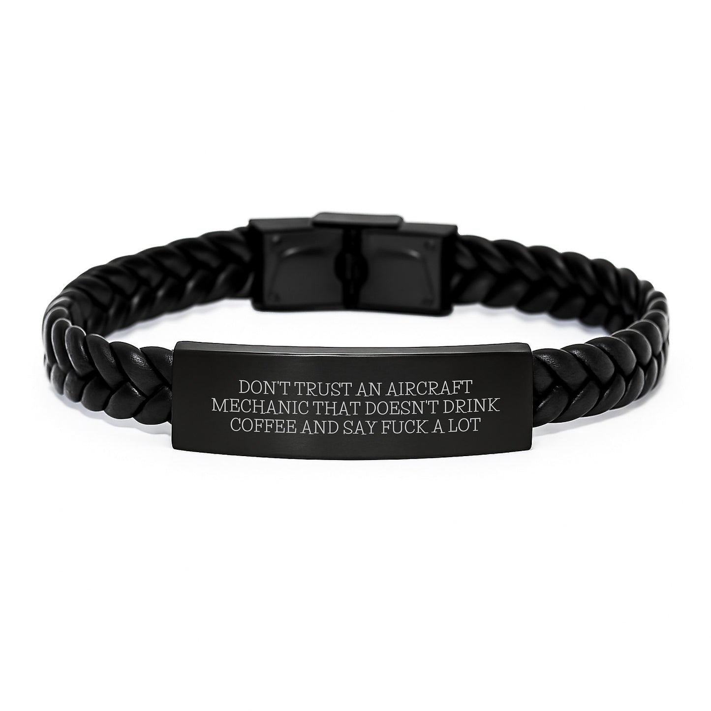 Funny Gift for Aircraft Mechanic - Interlaced Leather Bracelet, 'Don't Trust An Aircraft Mechanic That Doesn't Drink Coffee And Say F--k A Lot' Quote, Graduation Unique Gifts from Friends and Family - Image 1