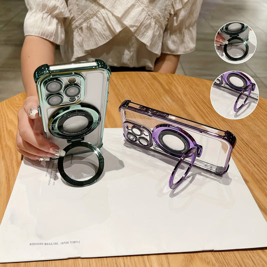 Luxury Electroplated Bracket Magnetic Suction Phone Case For IPhone 15 14Plus 13 12 11 15Pro Max Anti-drop Shell With HD Lens Film