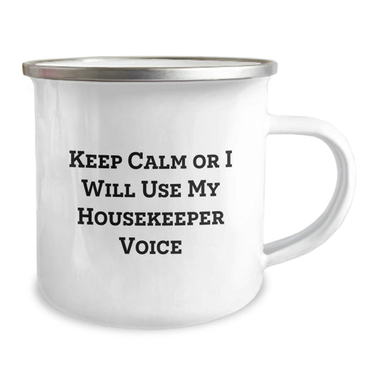 Funny Housekeeper Gifts from Friends for Housekeeper, Keep Calm Or I Will Use My Housekeeper Voice Camping Mug for Graduation - Image 2