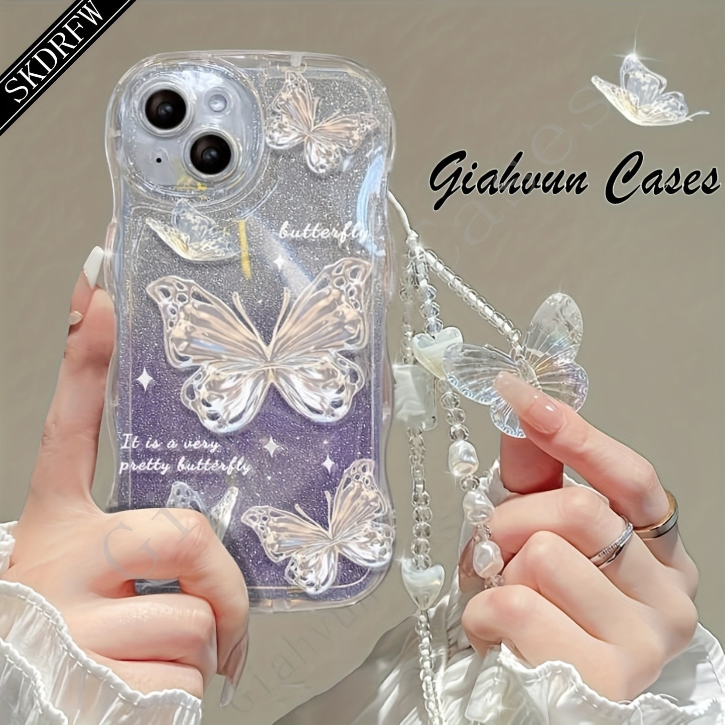 Laser Butterfly Artificial Pearl Crystal Anti-lost Bracelet Super Flash Dream Butterfly Phone Case For iPhone 14 13 12 11 Pro MAX Plus + Mini X/XS XR XSMax 7/8 7Plus/8Plus