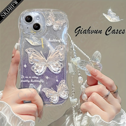 Laser Butterfly Artificial Pearl Crystal Anti-lost Bracelet Super Flash Dream Butterfly Phone Case For iPhone 14 13 12 11 Pro MAX Plus + Mini X/XS XR XSMax 7/8 7Plus/8Plus