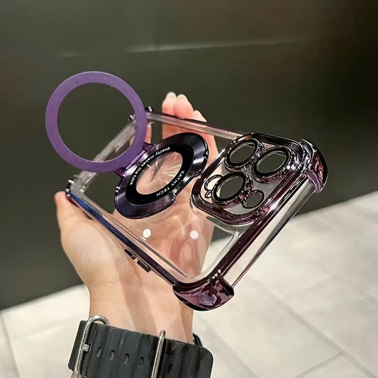 Luxury Electroplated Bracket Magnetic Suction Phone Case For IPhone 15 14Plus 13 12 11 15Pro Max Anti-drop Shell With HD Lens Film