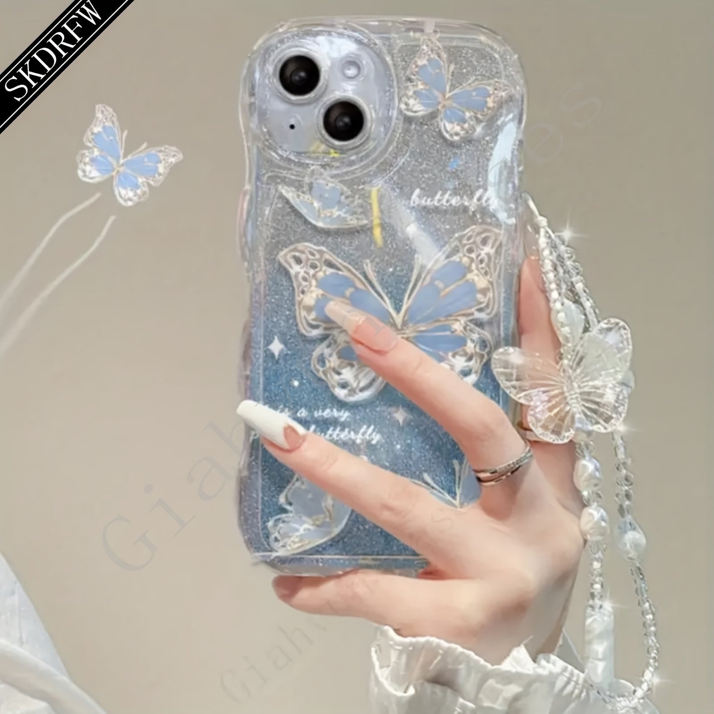 Laser Butterfly Artificial Pearl Crystal Anti-lost Bracelet Super Flash Dream Butterfly Phone Case For iPhone 14 13 12 11 Pro MAX Plus + Mini X/XS XR XSMax 7/8 7Plus/8Plus