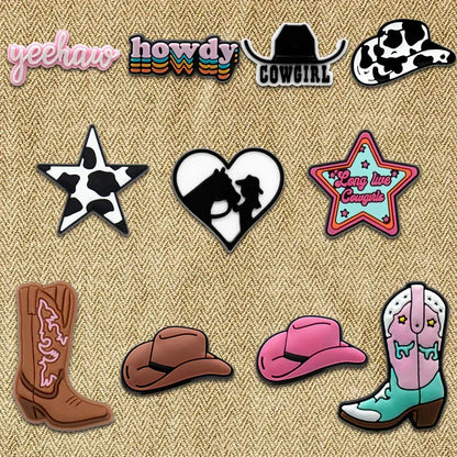 1/11/12 PVC Western Cowboy Shoe Charms Cowgirl Hat Shoe Decorations Pins for Men Women Star Heart Sandal Accessories Ornament - Cheeky Fantail Finds