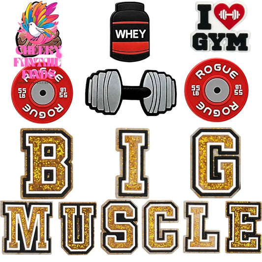 1/15pcs Bodybuilding Style Shoe Charms Big Muscle Letter Workout Shoe Accessories fit Women Men Fashion Gym Slippers Decorations - Cheeky Fantail Finds