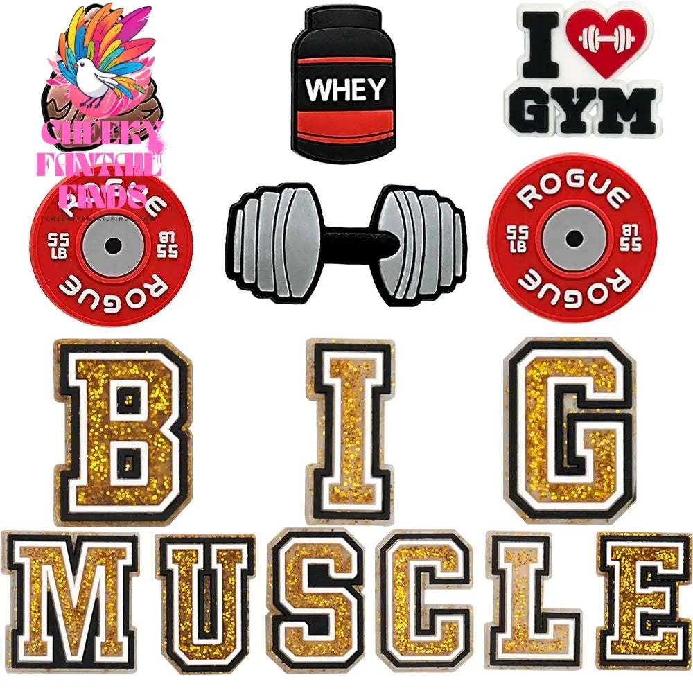 1/15pcs Bodybuilding Style Shoe Charms Big Muscle Letter Workout Shoe Accessories fit Women Men Fashion Gym Slippers Decorations - Cheeky Fantail Finds