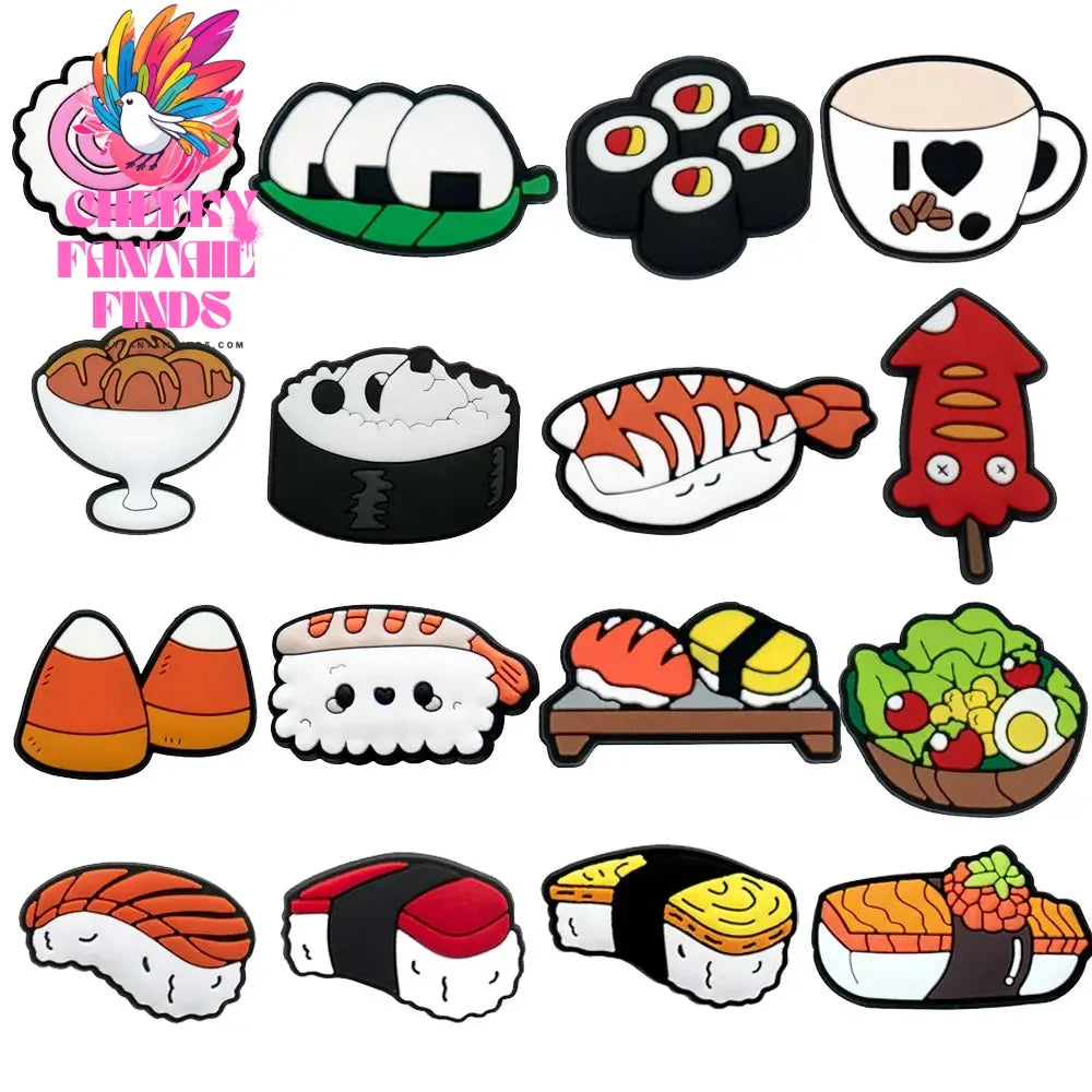 1/16pcs Food Shoe Charms Sushi Rice Ball Squid Coffee Shoe Clips Accessories Decorations Pins Clog Jeans for Kids Women Gift Cheeky Fantail Finds