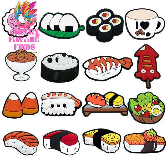 1/16pcs Food Shoe Charms Sushi Rice Ball Squid Coffee Shoe Clips Accessories Decorations Pins Clog Jeans for Kids Women Gift Cheeky Fantail Finds