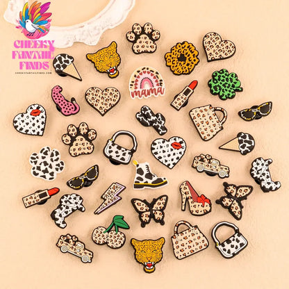 1/25pcs Leopard Print Shoe Charms Lipstick Cherry Butterfly Shoe Decorations Pins for Hot Girl Women Sandals Accessories Buckles - Cheeky Fantail Finds