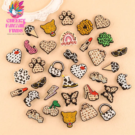 1/25pcs Leopard Print Shoe Charms Lipstick Cherry Butterfly Shoe Decorations Pins for Hot Girl Women Sandals Accessories Buckles - Cheeky Fantail Finds