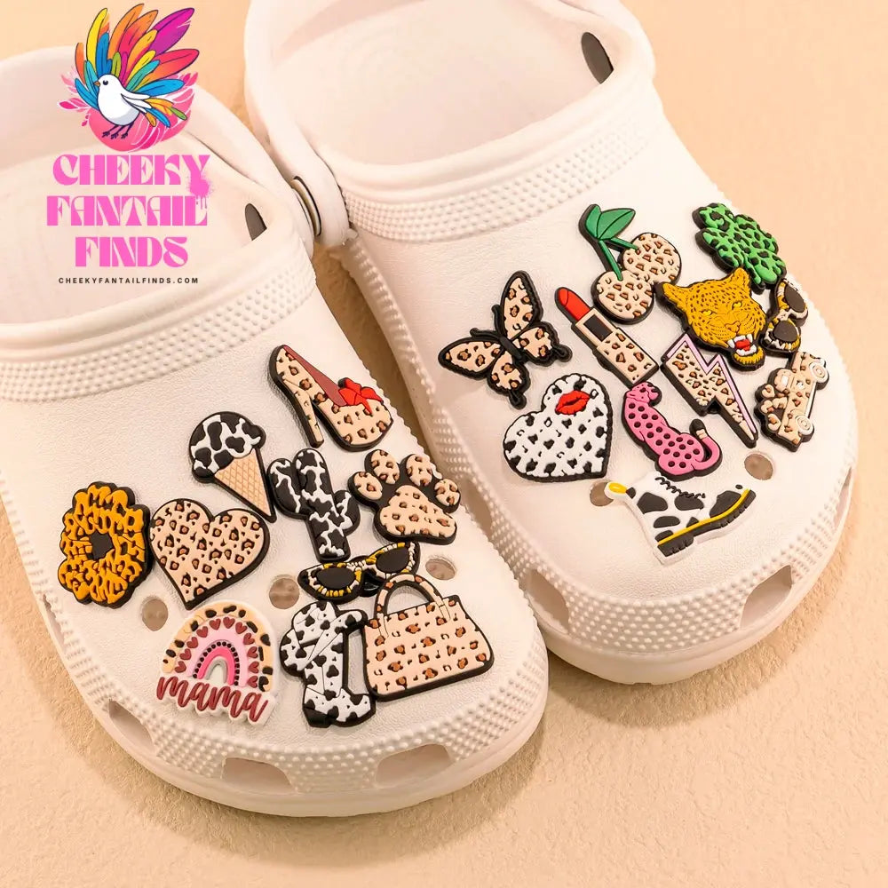 1/25pcs Leopard Print Shoe Charms Lipstick Cherry Butterfly Shoe Decorations Pins for Hot Girl Women Sandals Accessories Buckles - Cheeky Fantail Finds