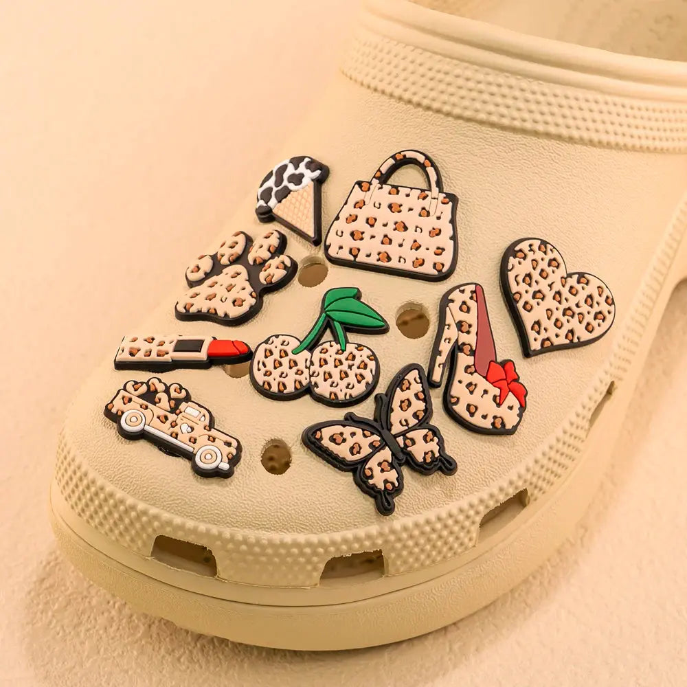 1/25pcs Leopard Print Shoe Charms Lipstick Cherry Butterfly Shoe Decorations Pins for Hot Girl Women Sandals Accessories Buckles - Cheeky Fantail Finds