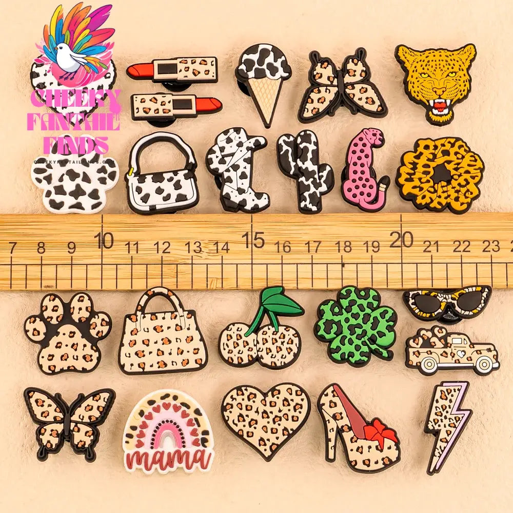 1/25pcs Leopard Print Shoe Charms Lipstick Cherry Butterfly Shoe Decorations Pins for Hot Girl Women Sandals Accessories Buckles - Cheeky Fantail Finds