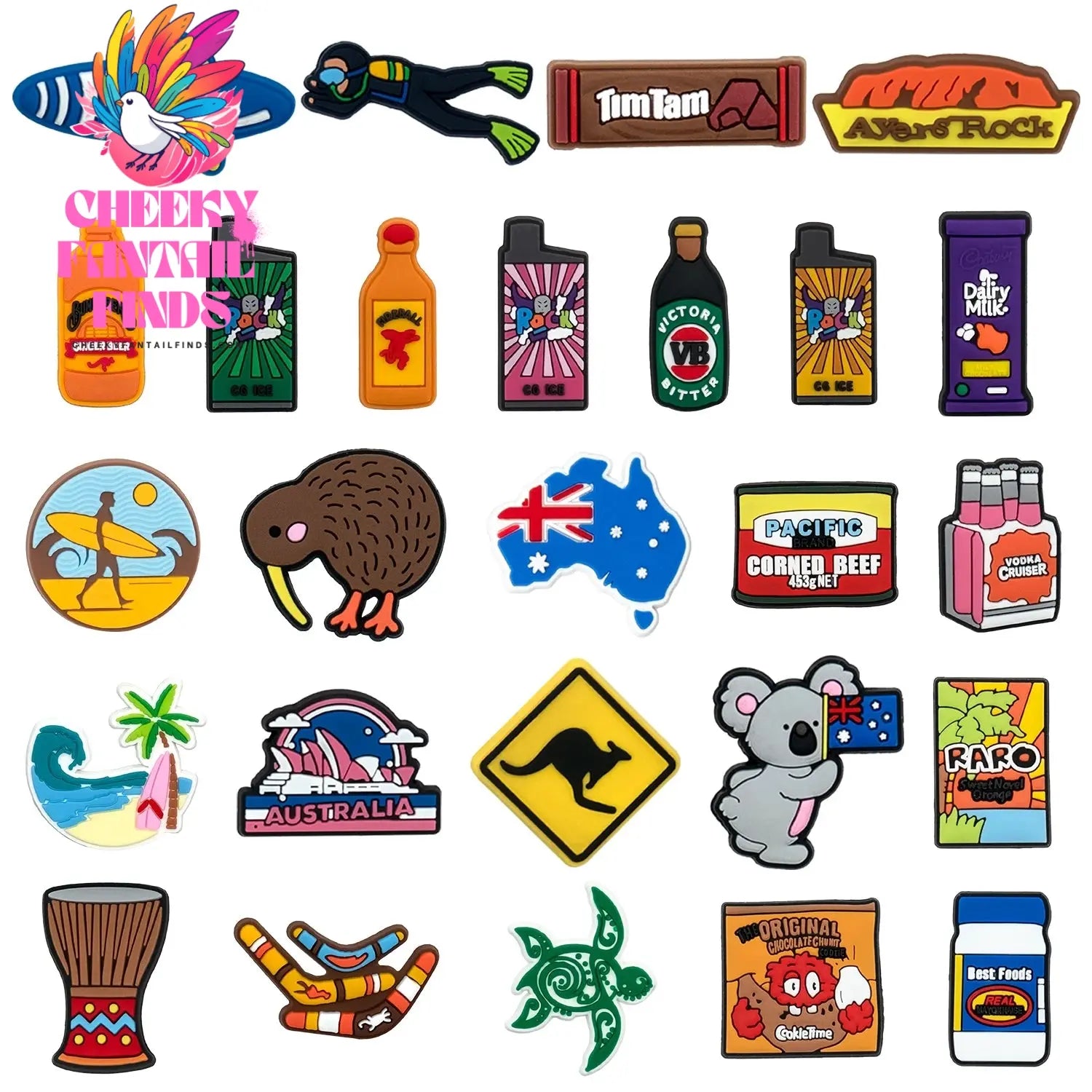 1/30pcs Australian Style PVC Shoe Charm Koala kangaroo Shoe Charms Diving Surfer Shoe Accessories Drinks Clog Jeans Cheeky Fantail Finds