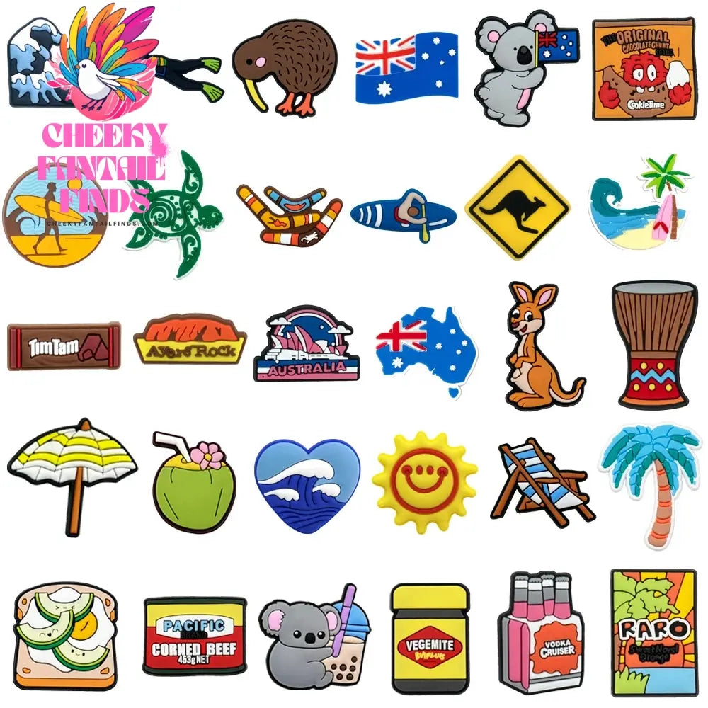 1/30pcs Australian Style PVC Shoe Charm Koala kangaroo Shoe Charms Diving Surfer Shoe Accessories Drinks Clog Jeans Cheeky Fantail Finds