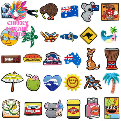 1/30pcs Australian Style PVC Shoe Charm Koala kangaroo Shoe Charms Diving Surfer Shoe Accessories Drinks Clog Jeans Cheeky Fantail Finds
