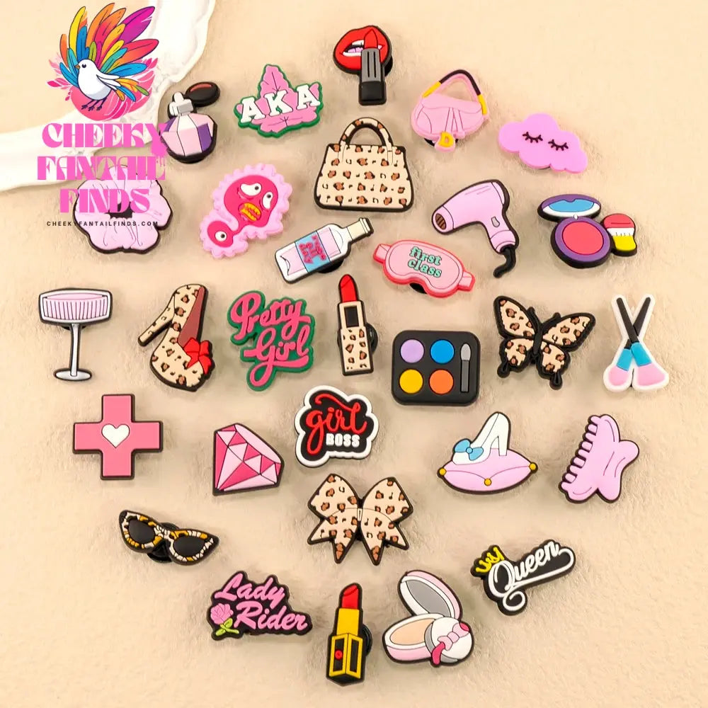 1/30pcs Beauty Care Shoe Charms Lipstick Leopard Print Girlboss Queen Shoe Decorations Pins for Women Girl Pink Pins Accessories - Cheeky Fantail Finds