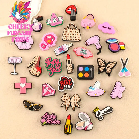 1/30pcs Beauty Care Shoe Charms Lipstick Leopard Print Girlboss Queen Shoe Decorations Pins for Women Girl Pink Pins Accessories - Cheeky Fantail Finds