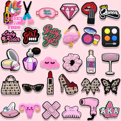 1/30pcs Beauty Care Shoe Charms Lipstick Leopard Print Girlboss Queen Shoe Decorations Pins for Women Girl Pink Pins Accessories - Cheeky Fantail Finds