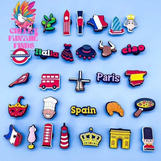 1/30pcs European Series Shoe Charms The Gherkin Caesar's Gate Big Ben Shoe Decorations Spanish hams Garden Sandals Accessories Cheeky Fantail Finds