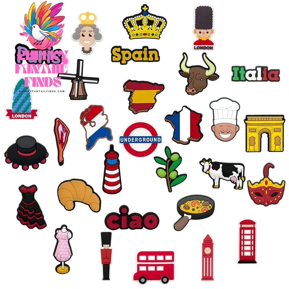 1/30pcs European Series Shoe Charms The Gherkin Caesar's Gate Big Ben Shoe Decorations Spanish hams Garden Sandals Accessories Cheeky Fantail Finds