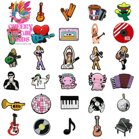 1/30pcs Mexican Musical Instruments PVC Shoe Charms Singer star Shoe Clips Decorations Electric Guitar Pins clog jeans for Kids Cheeky Fantail Finds