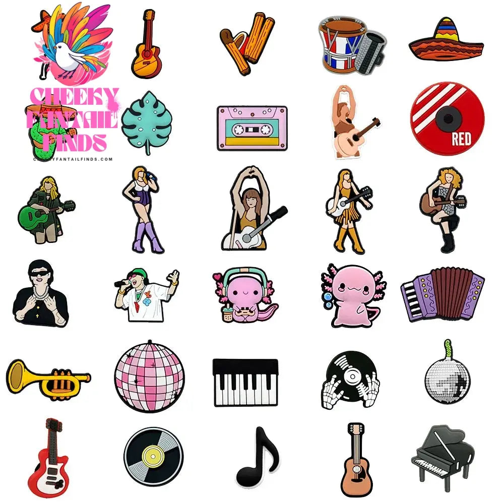1/30pcs Mexican Musical Instruments PVC Shoe Charms Singer star Shoe Clips Decorations Electric Guitar Pins clog jeans for Kids Cheeky Fantail Finds