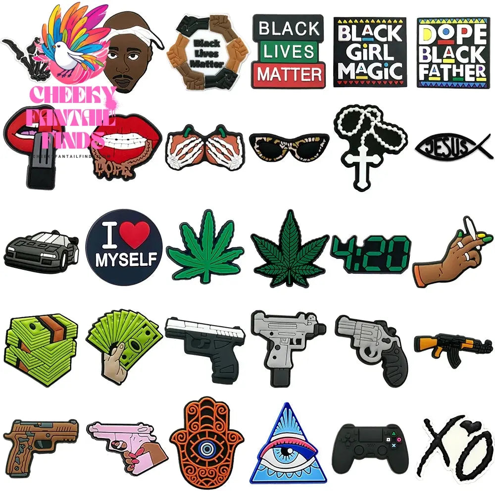 1/30pcs Trends Hood Style Gun Shoe Charms for Men Boys,HipHop Singer Game Controller Dollar Shoe Accessories Pins Clogs Buckles Cheeky Fantail Finds