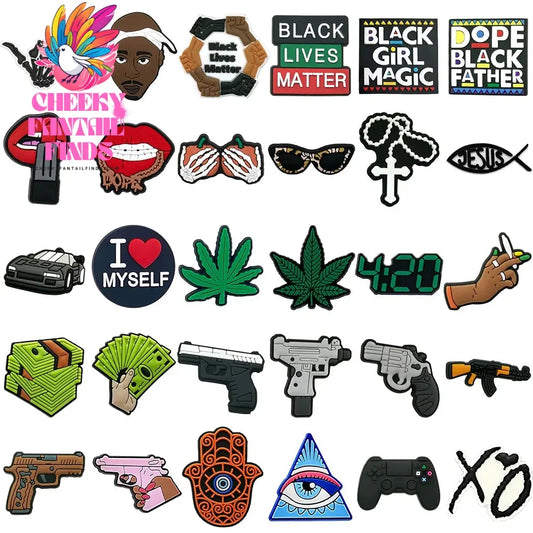 1/30pcs Trends Hood Style Shoe Charms HipHop Singer Game Controller Dollar Gun Men Boys Shoe Accessories Pins Clogs Decorations Cheeky Fantail Finds