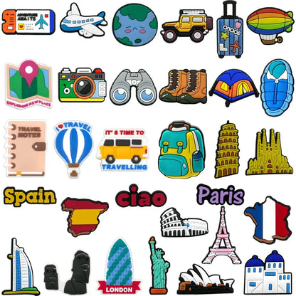 1/30pcs World Travel Shoe Charms for Women Men Kids Spain France USA Casual Vacation Shoe Accessories Decorations Sun Beach Pins - Cheeky Fantail Finds