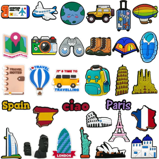 1/30pcs World Travel Shoe Charms for Women Men Kids Spain France USA Casual Vacation Shoe Accessories Decorations Sun Beach Pins - Cheeky Fantail Finds